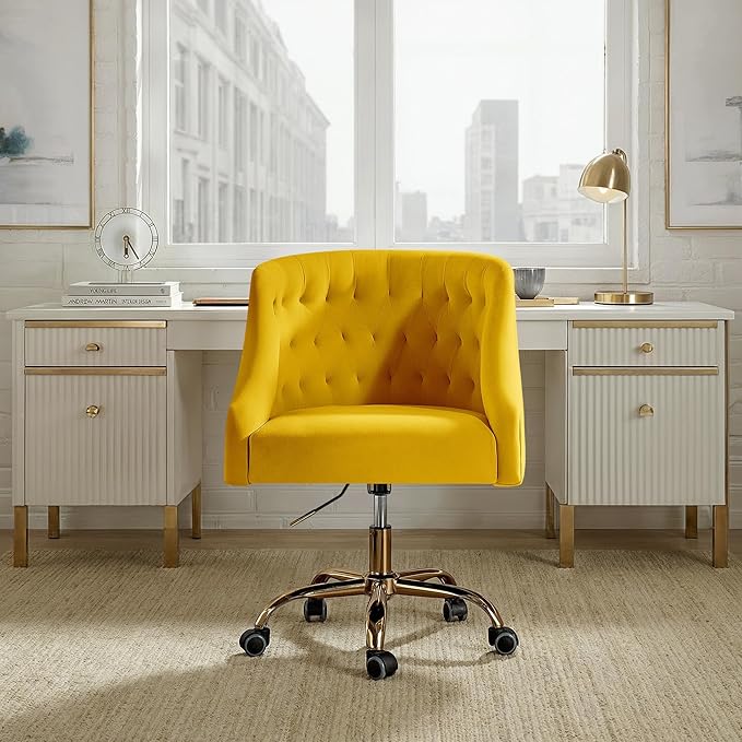 Velvet Office Chair with Gold Base Modern Cute Desk Chair Comfortable Adjustable Swivel Task Chair for Home Office Living Room Bedroom Vanity Study