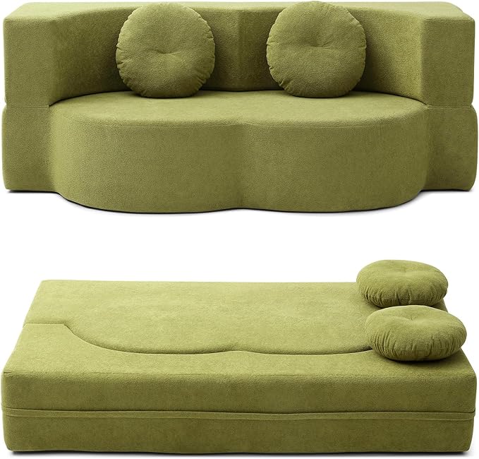 King Size Sofa Bed 76 Inch Convertible Futon Boneless Couch 2-in-1 Loveseat Sleeper Sofa with 2 Pillow Modern Velvet Fabric Floor Couch Bed for Living Room No Assembly Required (Green)