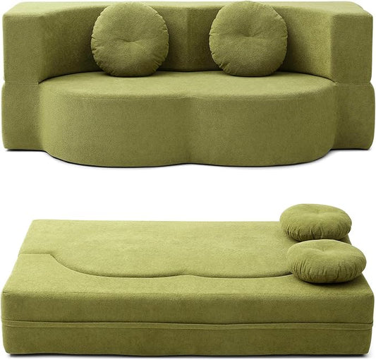 King Size Sofa Bed 76 Inch Convertible Futon Boneless Couch 2-in-1 Loveseat Sleeper Sofa with 2 Pillow Modern Velvet Fabric Floor Couch Bed for Living Room No Assembly Required (Green)
