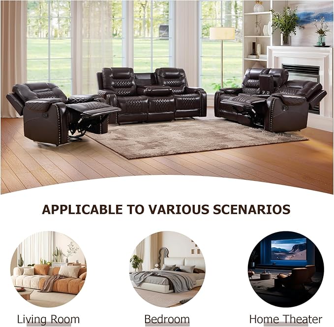 EBELLO Manual Reclining Sofa for Living Room Faux Leather 3 Seater Reclining Couch Chair Vintage Rivet Mid-Century Modern Design Furniture for Living Room Meeting Room Dark Brown