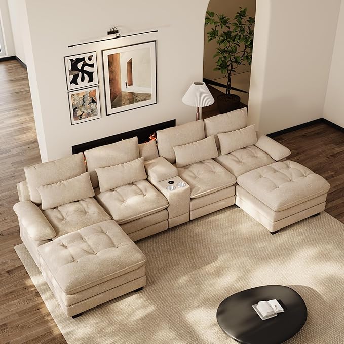 134 Oversized Brown Sectional Couches for Living Room with Glitter Fabric Fluffy Couch with Chaise Lounge&ampTufted Buttons U Shaped Sofa Set Chenille 6 Seater Couch with 2 Ottoman &amp Storage
