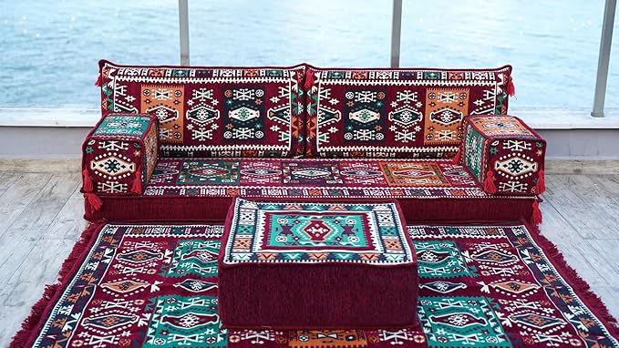 arabicsofa Maroon Arabic Majlis Sofa with Cushions – Modular Loveseat Floor Sofa for Living Room
