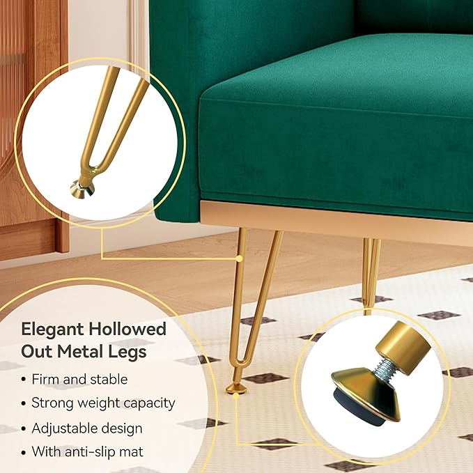 Accent Chair for Living Room Comfy Oversized Velvet Upholstered Arm Chairs Mid Century Modern Reading Single Sofa Side Chair with Tufted Back and Gold Legs for Bedroom (2 Green)