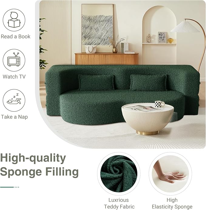 78 Convertible Folding Sofa Bed 2-in-1 Full Size Floor Boneless Couch Bed Loveseat sleeper Couch  Teddy Floor Sofa Memory Foam Sleeper SofaBed Small couches for small spaces No Assembly (Green)