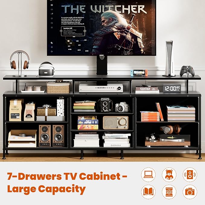 REAHOME TV Stand with Mount 63 Entertainment Center for 32/45/55/60/65/70 inch TVs Media Console Table with 7 Drawers Height Adjustable Mount Dresser TV Stand for Living Room Carbon Fiber Black