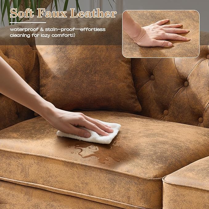 Mid Century Modern Faux Leather Couch Set of 2 Tufted Couch and Loveseat Set muebles para la sala Comfy Chesterfield Upholstered Office Furniture Living Room Sofa Set 2 Piece (Brown 2+3 Seater)