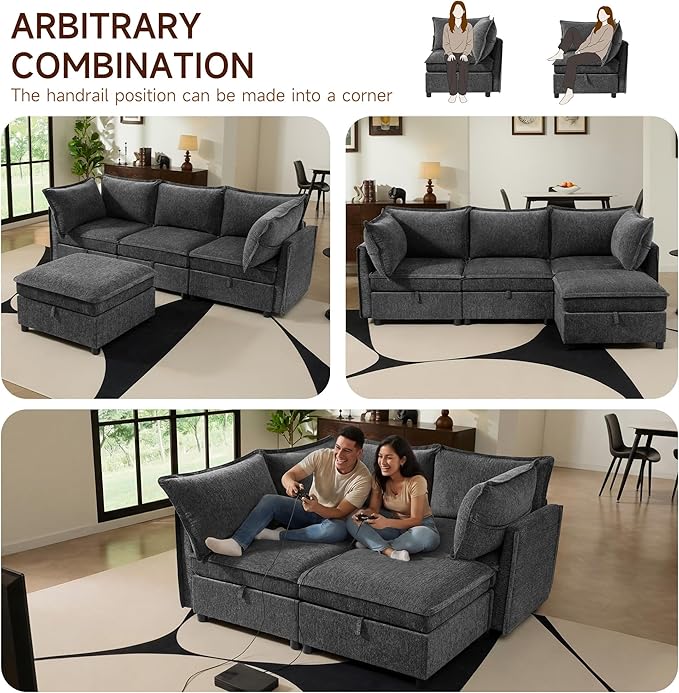 WorthFurni Modular Sectional Sofa Couches for Living Room Large Storage Couch with Washable Cover Comfy L Shaped Deep Seat Couch Set for Apartment Bedroom(4 Seater Dark Grey)