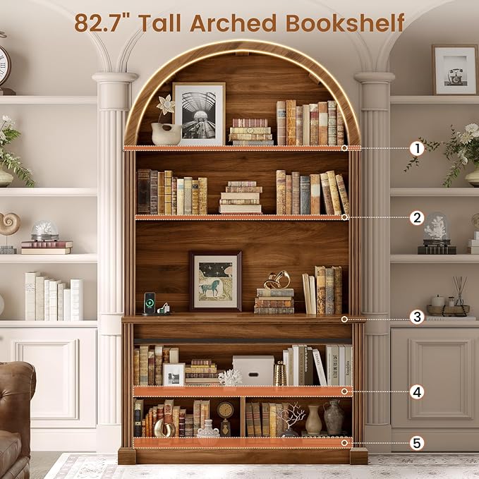 SEDETA 67 L Shaped Desk with Tall Arched Bookshelf Mid-Century Office Computer Desk with 3 Drawers and Storage Shelves Corner Executive Desk with Sliding Barn Door for Home Office Brown
