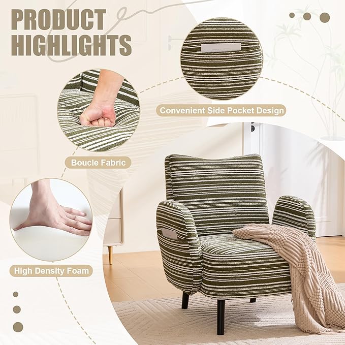 Modern Upholstered Armchair with Side Storage Pocket Fabric Reading Chair with Solid Wood Legs Ergonomic Accent Chair for Living Room Bedroom &amp Office (Green)