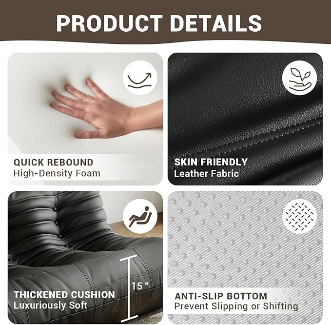 Lazy Floor SofaLoveSeat Fireside ChairBig Bean Bag Chair with Memory Foam Filled for Living RoomBlack