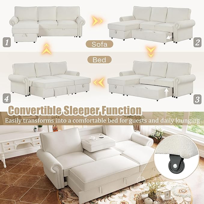 95 Convertible Sectional Sleeper Sofa with Storage Chaise Pull-Down Backrest with 2 Cup Holders Arc Armrests with Nailhead Trim Warp Knitting Polyester Fabric Acacia Wood Frame (Beige-09)
