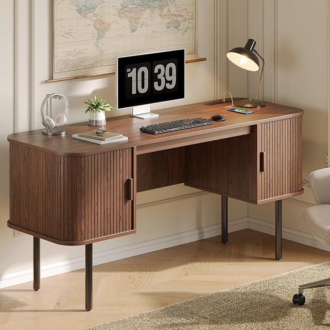 ONBRILL 63 Inch Fluted Computer Desk with Charging Station Mid Century Executive Desk with 2 Storage Cabinets Modern Home Office Large Desk with Metal Legs for Working Studying Writing Walnut