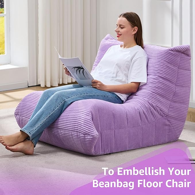 Bean Bag Chairs for Adults Giant Bean Bag Chair Memory Foam BeanBag Chair Bean Bag Sofa with Filler Faux Fur Fireside Beanbags Lazy Sofa for Living Room Bedroom Office (Purple Corduroy Single)