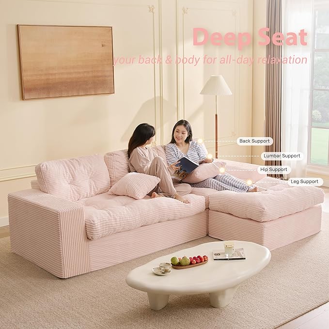 Modular Sectional Sofa 102” L-Shaped Corduroy Couch with Ottoman Deep Seat Comfy Sectional for Living Room Set of Soft Upholstered Cloud Couch for Apartment Pink