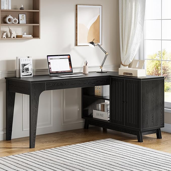 Tribesigns L-Shaped Desk with Storage Cabinet 57-Inch Wood Corner Workstation Home Office Computer Desk Study Writing Table (Black)