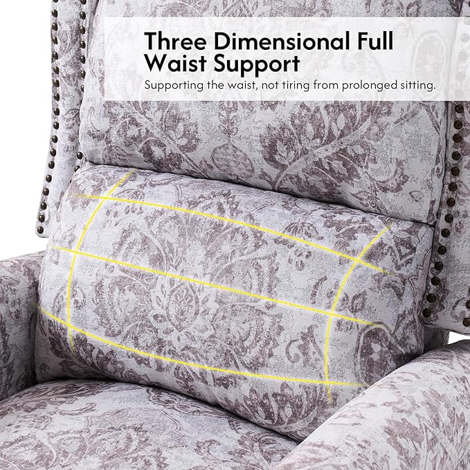 Pushback Recliner Chair Upholstered Floral Fabric Wingback Chair Single Sofa Accent Chair with Lumbar Support and Rivet Decoration for Living Room Bedroom Beige Floral