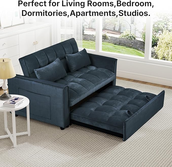 Rovibek 3 in 1 Sleeper Sofa Bed 53'' Pull Out Couch Convertible Futon Loveseat with Adjustable Backrest Velvet Sleeper Chaise Lounge Futon for Apartment Office Small Space Black