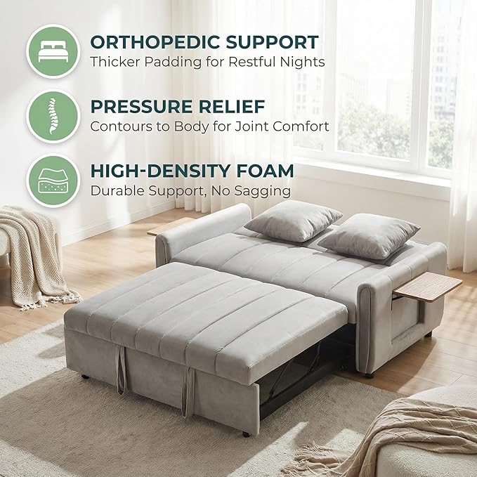 53.9 3-in-1 Convertible Sleeper Sofa Bed Loveseat Pull Out Bed with USB Ports &amp Swivel Stand Modern Foldable Sofa Bed with Tabletop Sleeper Couch for Living Room Bedroom (Grey)