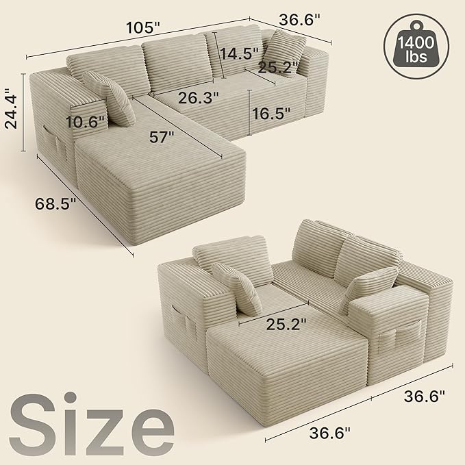 Gizoon 105 Cloud Sectional Couch with L-Shape Chaise Modular Boneless Sofa for Living Room Upholstered Corduroy Couch with Deep Seat No Assembly Required (Beige Left Facing Chaise)
