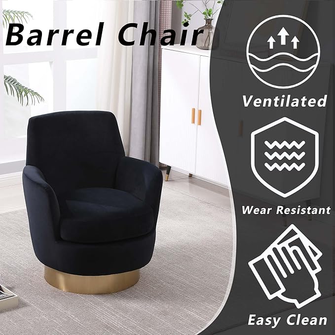 Velvet Swivel Accent Chairs for Living RoomComfy Swivel Barrel Chair with Foam Cushion Round Swivel Chair &amp Boucle Swivel Chair with High Back Round Armrest Gold Base (Black)