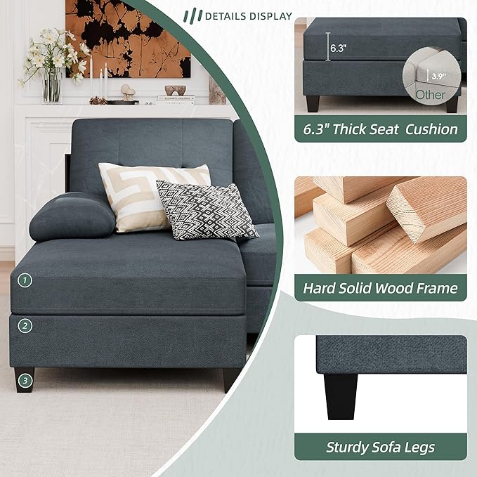 Vongrasig Sectional Couches for Living Room U-Shaped Sofa with Chaise 4-seat Large Sectional Modern Couch for Living Room Apartment (Gray)
