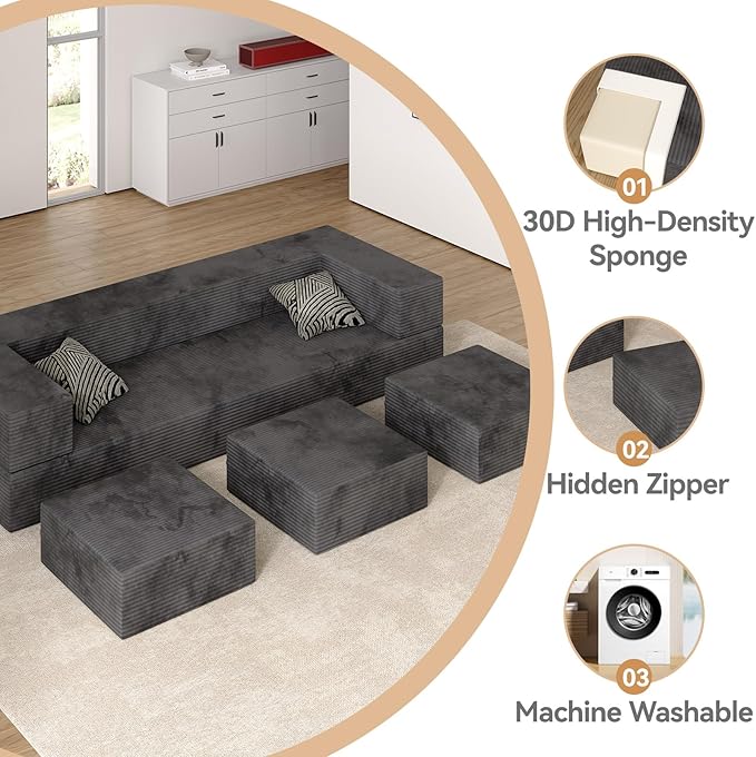 80'' Queen Convertible Floor Sofa Bed Velvet Folding Bed Couch with 3Ottomans Modular Sectional Floor Sofa Futon Sleeper Memory Foam Mattress for Guest/Living Room/PlayroomDeep Grey
