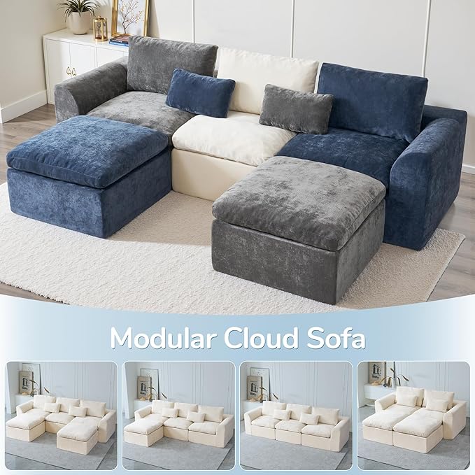 Modern Sectional Cloud Couch - 120'' Soft Modular Sectional Sofa – No Assembly Required - Deep Seat Couches with 2 Movable Ottomans - Oversized Chenille Sofa for Living Room - White