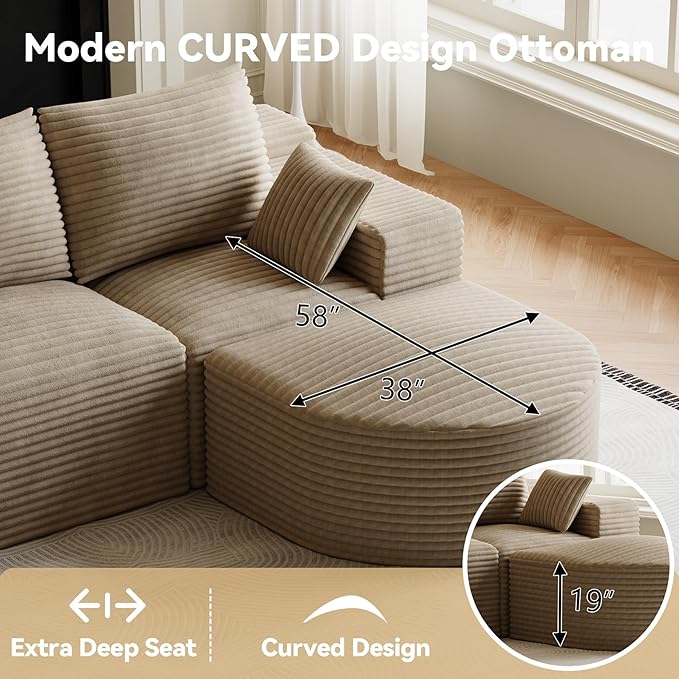 108 Modular Sectional Sofa Cloud Couch for Living RoomU Shaped Comfy Fluffy Light Brown Boneless Couches with 2 Curved OttomansModern Plush Corduroy Memory Foam Floor Couch with Chaise