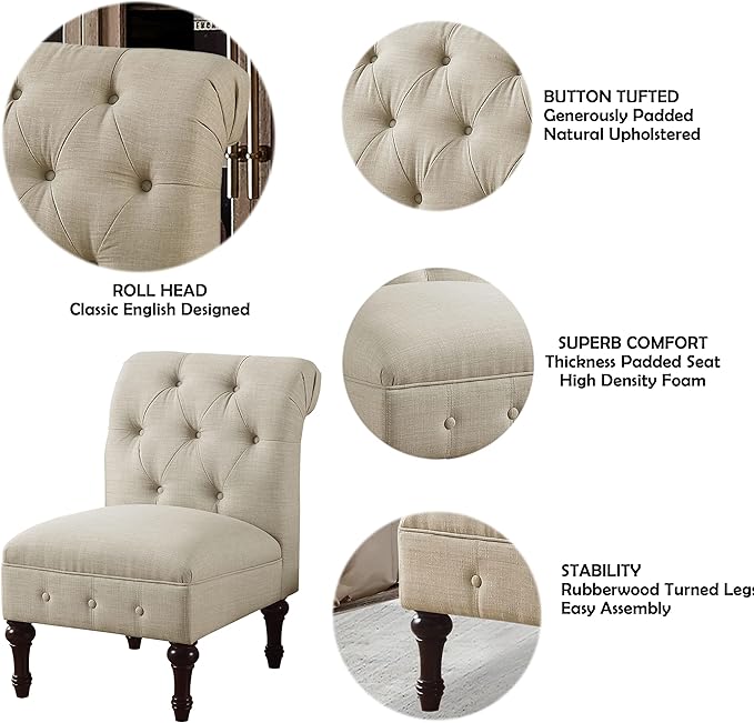 Rosevera Larkin Upholstered Tufted Fine Polyester Chair Loveseat Sofa Bench with Armless Design Easy Assembly for Living Room Bedroom Beige