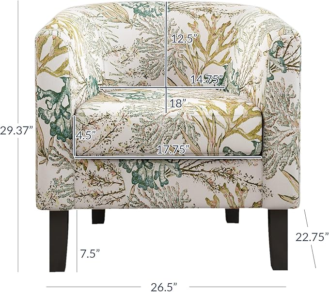 BELLEZE Living Room Chairs Set of 2 Linen Round Accent Barrel Chairs Club Tub Sofa Chairs for Bedroom Corner Chairs with Flared Legs and Cozy Soft Padding - Highland (Green Coral)