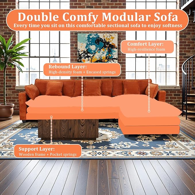 99 Modular Sectional SofaCouches for Living RoomModern Modular L-Shape Sofa with Ottoman &amp Side Pocket Cloud Sectional CouchCorduroy Oversized Sleeper Sofa with USB Port &amp Cup Holder (Oran