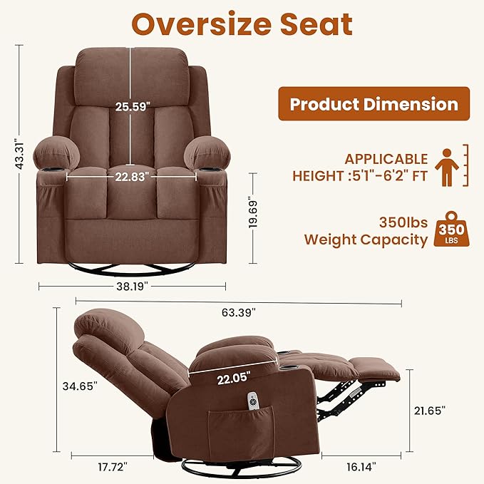Swivel Rocker Recliner Chair with Vibration Massage and Heat for Living Roomwith Rocking Function and Side Pocket USB Charge Port2 Cup Holders