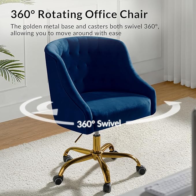 Velvet Office Chair with Gold Base Modern Cute Desk Chair Comfortable Adjustable Swivel Task Chair for Home Office Living Room Bedroom Vanity Study