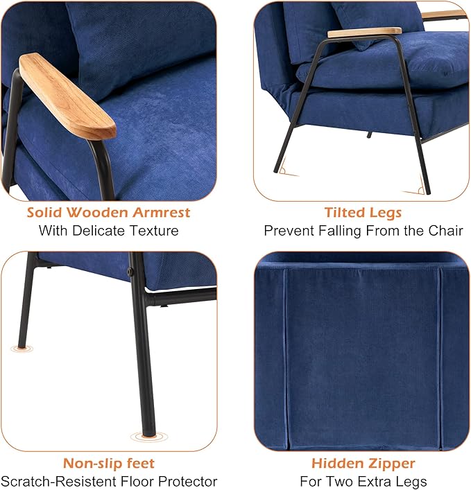 MCombo Accent Recliner Chair with Ottoman Modern Fabric Armchair Upholstered Sofa Bed for Living Room Bedroom Small Space 4055 (Black Frame Blue)