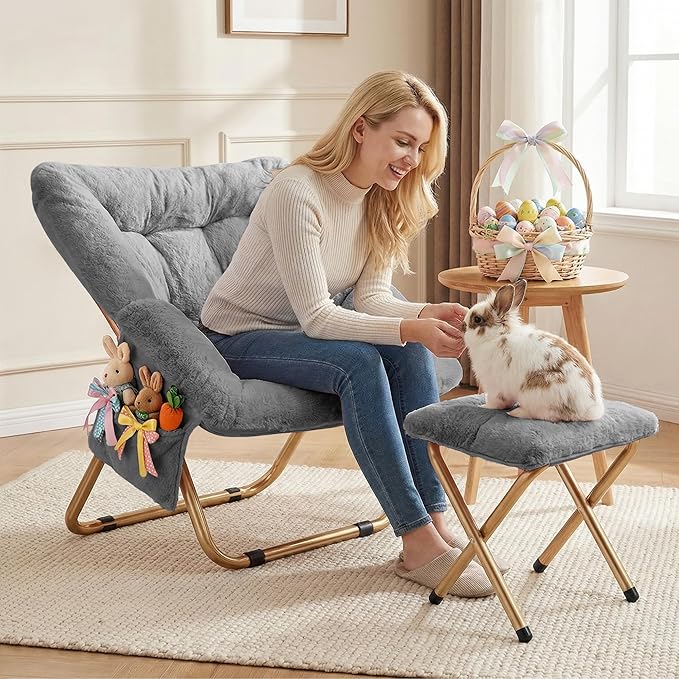 Comfy Saucer Chair Foldable Living Room Chairs Soft Faux Fur Lounge Chair for Bedroom Reading Chairs for Adults Teens X-Large (Grey)