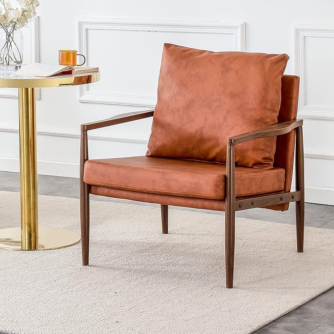 PU Leather Accent Arm Chair Mid Century Modern Upholstered Armchair with Imitation Solid Wood Walnut Color Metal Frame Extra Thick Padded Backrest and Seat Cushion Sofa Chairs for Living Room