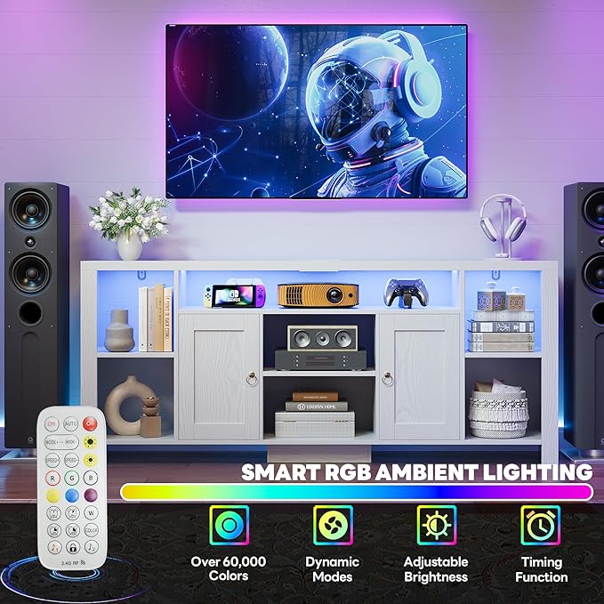 LIKIMIO TV Stand for TVs 80 inch with LED Lights &amp Power Outlet Entertainment Center with Cabinets Adjustable Shelves and Open Shelves Modern Media TV Console Living Room White