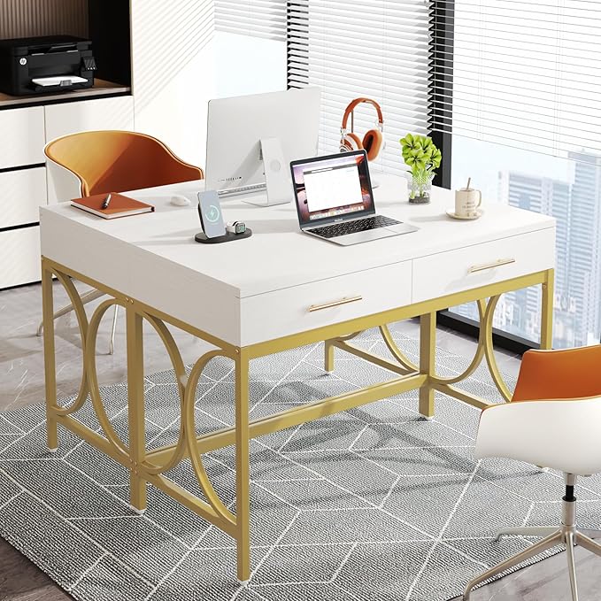 Tribesigns Modern Computer Desk with 2 Drawers Set of 2 41 Inches Study Writing Office Desk for Home Office Bedroom Makeup Vanity Table Desk with Gold Metal Frame White &amp Gold