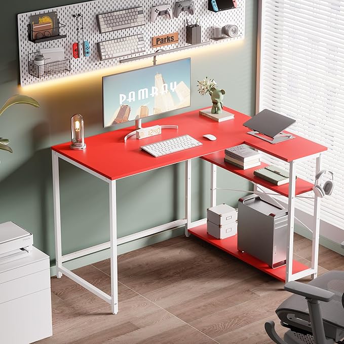 Pamray 43 Inch L Shaped Computer Desk with Reversible Side Storage Shelves Small Corner Desk for Small Space Home OfficeWriting Study Table PC Desk for BedroomRed