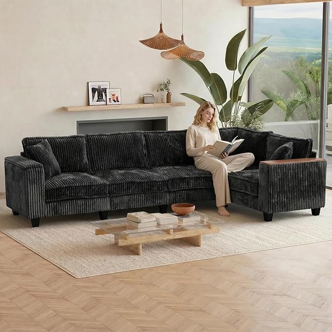 97 Inches Corduroy Couch with 2 Pillows Deep Seat Sectional Sofa Armrests with Two Hidden Storage Space Corner Couch Oversized L Shaped Cloud Couches for Living Room Black