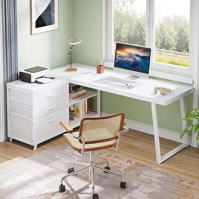 Tribesigns 53 L Shaped Office Desk Reversible Corner Computer Desk with 3 File Drawers and 2 Storage Shelves for Home Office Study Gaming Room (White)