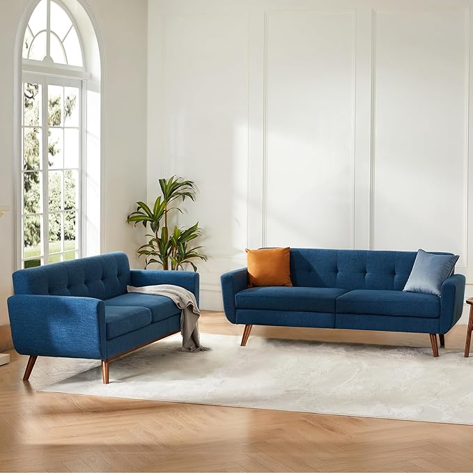 Kingfun Loveseat and Sofa Sets Mid Century Modern Linen Love Seat Couches for Living Room Button Tufted Upholstered Furniture Easy to Install Small Couch for Bedroom Office Apartment Blue