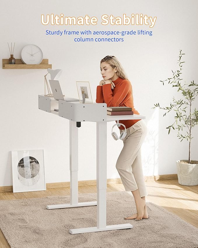 YIHAYO Electric Standing Desk with Drawers 60 x 24 Inches Adjustable Desk with Storage Shelf Computer Table with Splice Board for Home OfficeWhite Frame/White Top