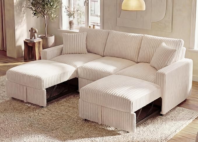 HONBAY 94.5 Inch Sectional Sofa Modular L &amp U Shaped Pull Out Couch with Adjustable Backrest &amp Storage Velvet White