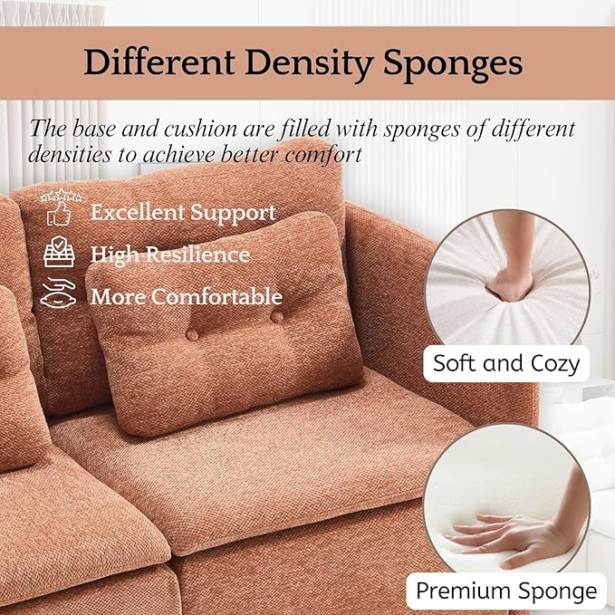 LukeAlon L Shaped 4 Seater Modular Sectional Sofa Couch with Waist Pillow Modern Chenille Sofa Set with Ottoman 110 Comfy Upholstered Sleeper Sofa Couches for Living Room Office Light Brown