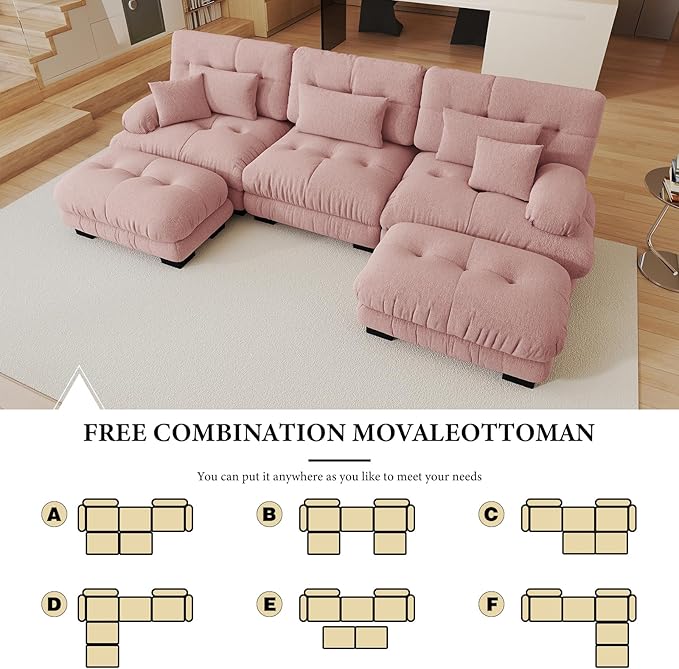133.8 Oversized Modular Sectional Sofa 3 Seater Pink Large Sectional Couches for Living Room Chenille Fabric Sofa Set Cloud Couches with Ottoman Deep Seat Modern Sofas para Sala U Shaped