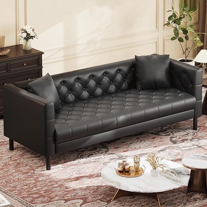 IDEALHOUSE 81 Leather Sofa Button-Tufted 3 Seater Sofa Mid-Century Modern Leather Couch with Deep Seat Chesterfield Sofa for Living Room Apartment Office Black