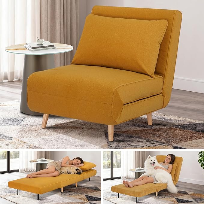 3 in 1 Sleeper Chair Bed Foldable Convertible Chair with Thickened Cushion and Sponge OTE Chenille Fabric Adjustable Backrest Upholstered Accent Chair for Apartment/Bedroom/Office - Yellow Brown