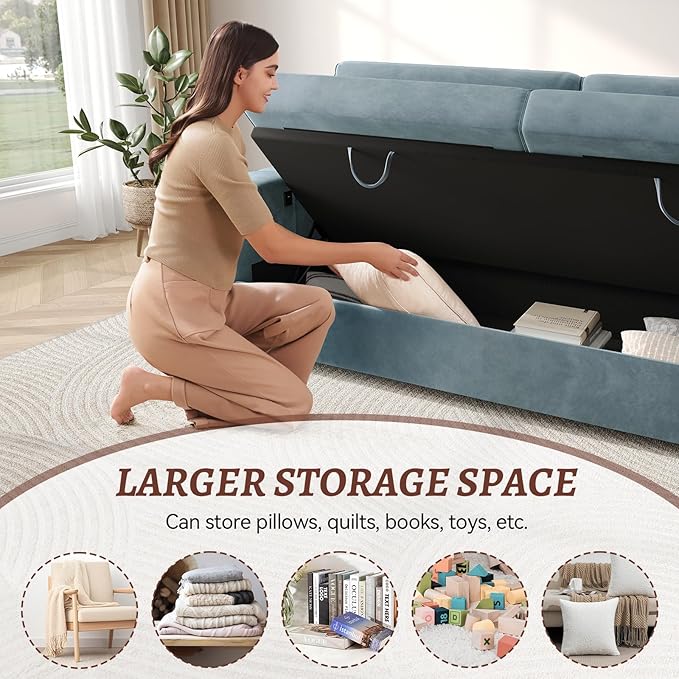 Loveseat Sofa Larger Couch Velvet Fabric with Storage Charging Ports Heightened Backrests Removable Cover Modern Comfy Couches Easy Assembly for Living Room 88 Inch Blue