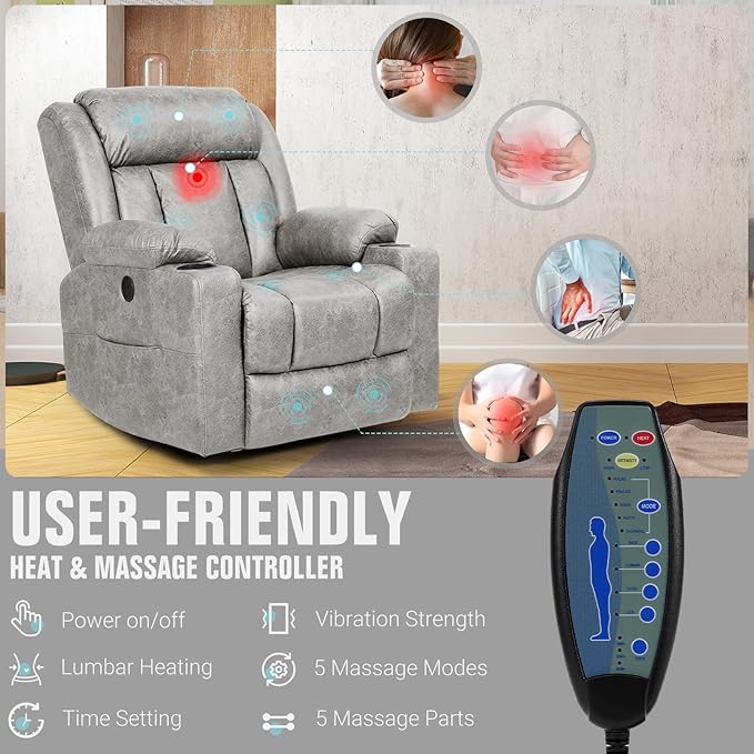 LEVELEVE Retro Rocking Recliner Chair Massage Rocker Recliner Chair with Vibration Massage and Heat USB and Type-C Ports360° Swivel ChairsLiving Room Bedroom Nursery RV Light Grey